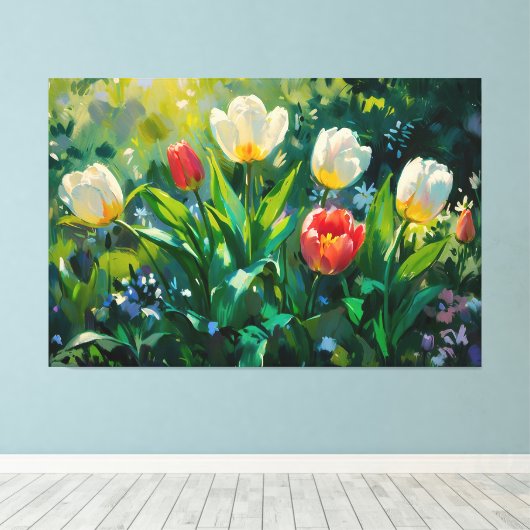*~* Rood Witte Tulpen TV2 Uitgerekte Canvas Print (Insitu (Houten vloer))
