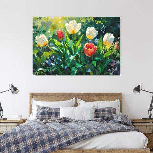 *~* Rood Witte Tulpen TV2 Uitgerekte Canvas Print (Insitu (Slaapkamer))