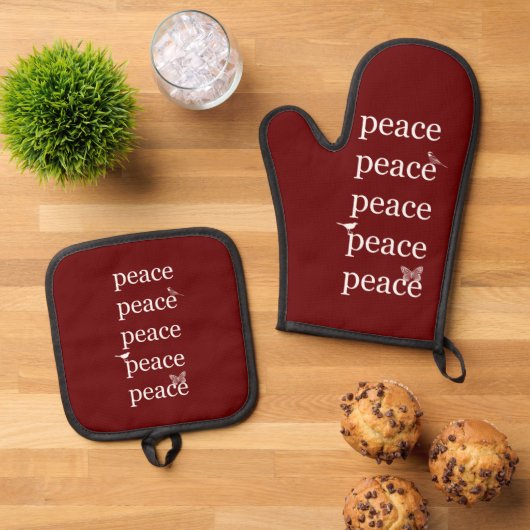 Rood Witte Vrede Vogels Ovenwant & Pannenlap Set (Top down)