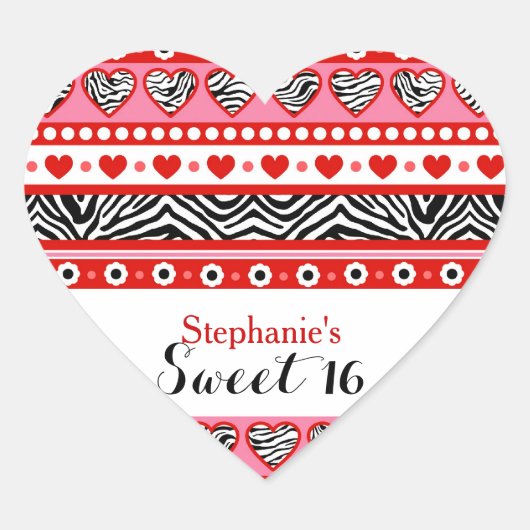 Rood zebra hart Sweet 16 Party sticker (Voorkant)
