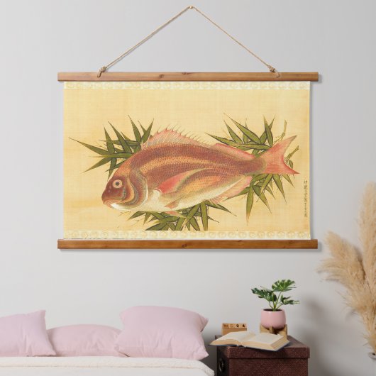 Rood Zee Bream (Tai) op bamboe lederen tapijt Hangend Wandkleed (Slaapkamer)