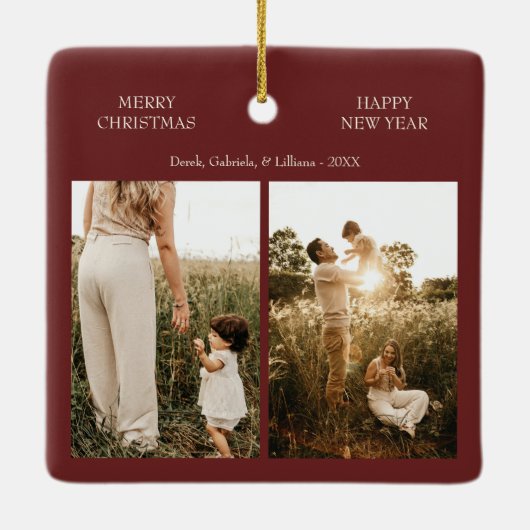 Rood Zeer Vrolijk Kerstmis Familie Foto Keramisch Ornament (Achterkant)