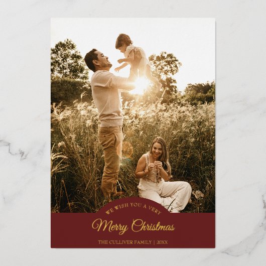Rood Zeer Vrolijk Kerstmis Vier Foto Verticaal Folie Feestdagenkaart (Voorkant)