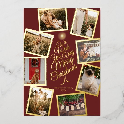 Rood Zeer Vrolijke Kerstboom Fotocollage Folie Feestdagenkaart (Voorkant)