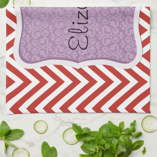 Rood zigzag, rode Chevron, zigzagpatroon, Jouw naa Theedoek (Gevouwen)