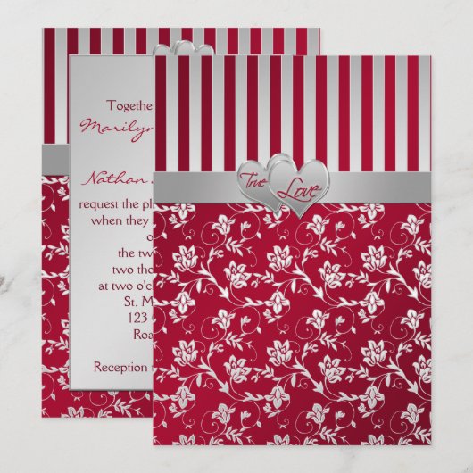 Rood Zilver Bloemen Harten Gestreepte Bruiloft Uit Kaart (Voorkant / Achterkant)