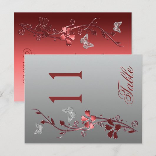 Rood Zilver Bloemen met Vlinders Tafelnummer (Voorkant / Achterkant)