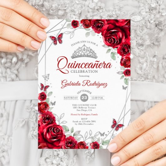 Rood Zilver Bloemen Quinceanera Kaart