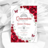 Rood Zilver Bloemen Quinceanera Kaart