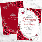 Rood Zilver Bloemen Quinceanera Kaart