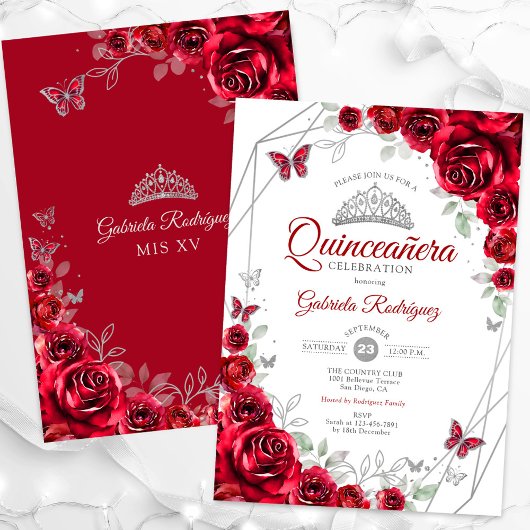 Rood Zilver Bloemen Quinceanera Kaart