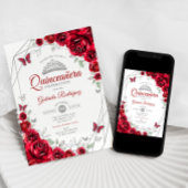 Rood Zilver Bloemen Quinceanera Kaart