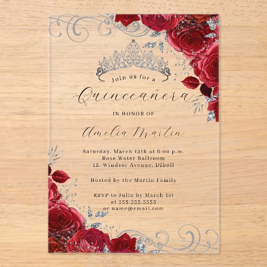 Rood Zilver Clear Acryl Bloemen Quinceanera Acryl Uitnodigingen (Voorkant)