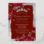 Rood Zilver Elegante Bloemvlinder Quinceanera Folie Uitnodiging (Voorkant)