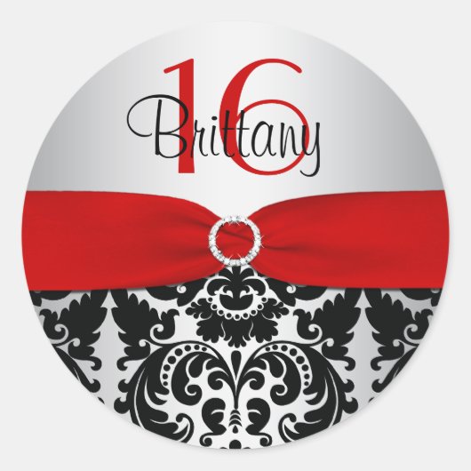 Rood, Zilver en Zwart Damask Sweet 16 Sticker (Voorkant)