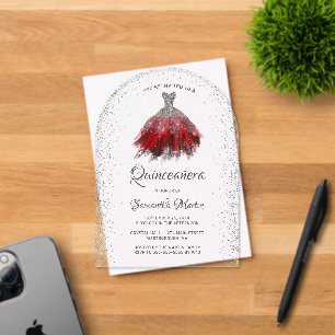 Rood Zilver Glitter Jurk Quinceañera Party Acryl Uitnodigingen