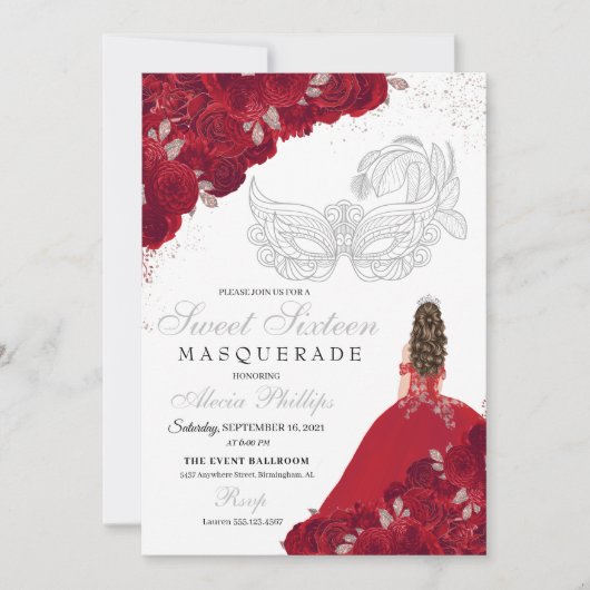 Rood & Zilver Glitter Sweet 16 Maskerade Kaart (Voorkant)