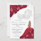 Rood & Zilver Glitter Sweet 16 Masquerade Kaart (Voorkant)