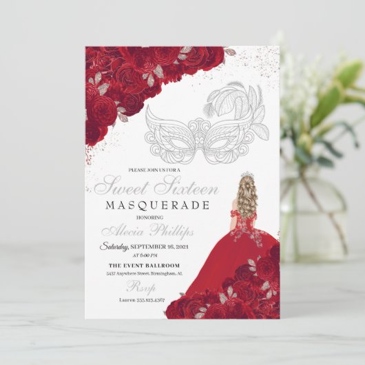 Rood & Zilver Glitter Sweet 16 Masquerade Kaart (Staand voorkant)
