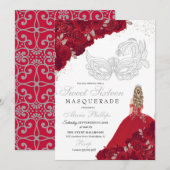 Rood & Zilver Glitter Sweet 16 Masquerade Kaart (Voorkant / Achterkant)