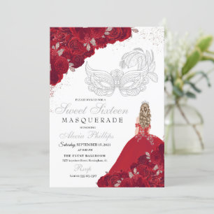 Rood & Zilver Glitter Sweet 16 Masquerade Kaart