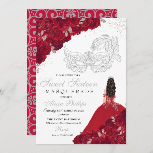 Rood & Zilver Glitter Sweet 16 Masquerade Kaart (Voorkant / Achterkant)