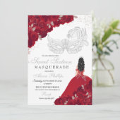 Rood & Zilver Glitter Sweet 16 Masquerade Kaart (Staand voorkant)