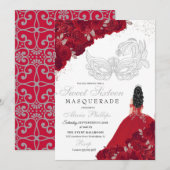 Rood & Zilver Glitter Sweet 16 Masquerade Kaart (Voorkant / Achterkant)