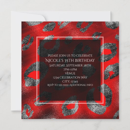 Rood & Zilver Luipaard Print Glamour Party Kaart (Voorkant)