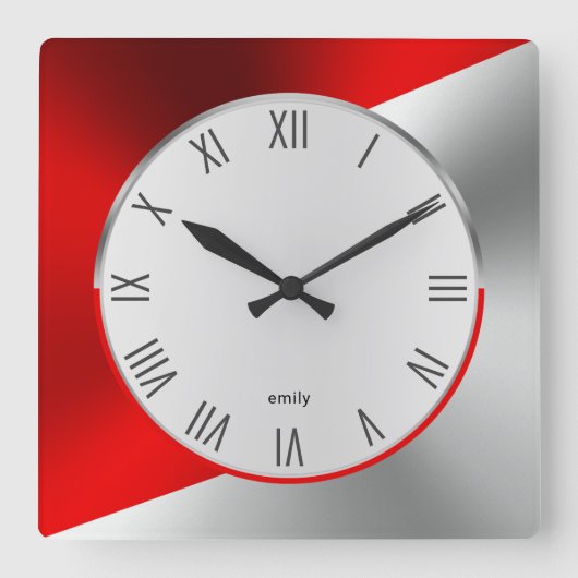 Rood & Zilver Modern Metallic Geometrisch Ontwerp Vierkante Klok (Voorkant)