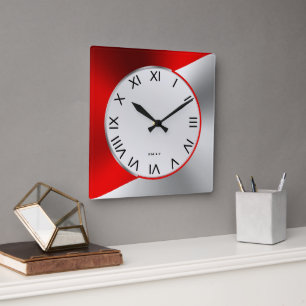 Rood & Zilver Modern Metallic Geometrisch Ontwerp Vierkante Klok