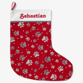Rood Zilver Pet Naam Paw Prints Grote Kerstsok (Voorkant)