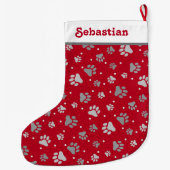 Rood Zilver Pet Naam Paw Prints Grote Kerstsok (Achterkant)
