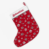 Rood Zilver Pet Naam Paw Prints Grote Kerstsok (Achterkant (Hangend))