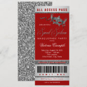 Rood Zilver Sweet 16 Masquerade Party Ticket Kaart (Voorkant / Achterkant)