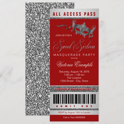 Rood Zilver Sweet 16 Masquerade Party Ticket Kaart (Voorkant / Achterkant)