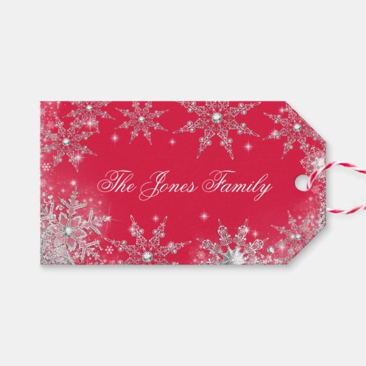 Rood Zilver Winter Wonderland Kerstmis Cadeaulabel (Voorkant (Horizontaal))