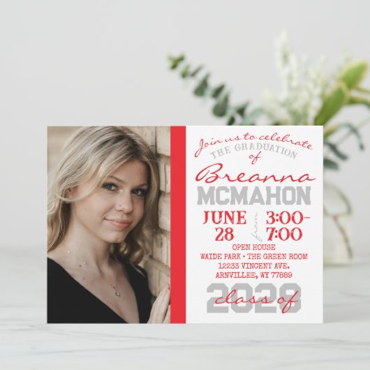 Rood, Zilver & Wit Afstuderen 2 Fotouitnodiging Kaart (Staand voorkant)