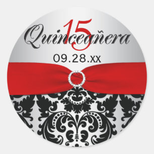 Rood, zilver, zwart Damask Quinceanera Sticker