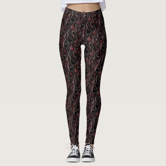 Rood zilver zwart golvend marmer Folie Leggings (Voorkant)