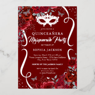 Rood Zilveren Bloemen Scroll Masquerade Quinceaner Folie Uitnodiging