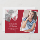 Rood Zilveren Glitter Ballonnen Afstudeerfeest Fot Kaart (Voorkant)