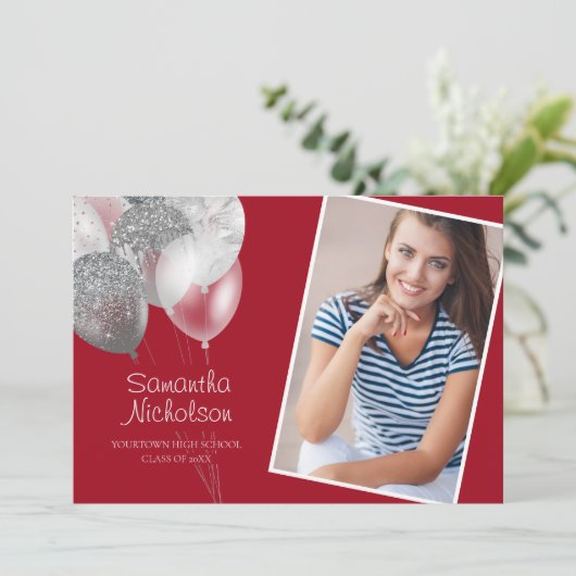 Rood Zilveren Glitter Ballonnen Afstudeerfeest Fot Kaart (Staand voorkant)