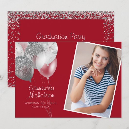 Rood Zilveren Glitter Ballonnen Afstudeerfeest Fot Kaart (Voorkant / Achterkant)