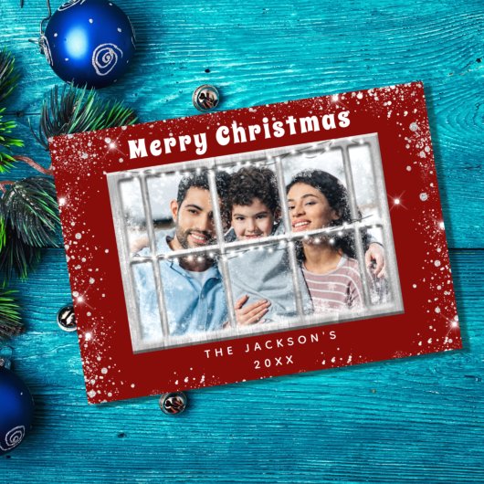 Rood zilveren glitter-fotoscherm kerstkaart kaart