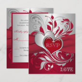 Rood, Zilveren Rollen, Harten RSVP Kaart (Voorkant / Achterkant)