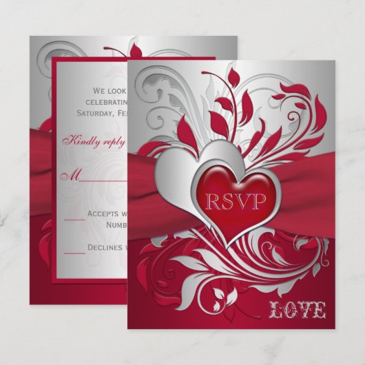 Rood, Zilveren Rollen, Harten RSVP Kaart (Voorkant / Achterkant)