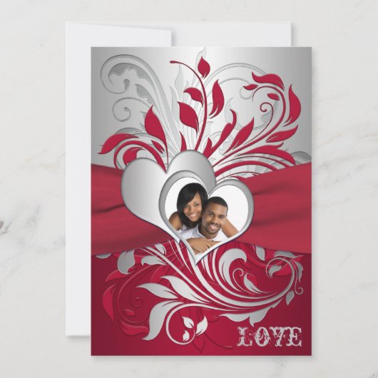Rood, zilveren schuifbalken, hartfoto's uitnodigen kaart (Voorkant)