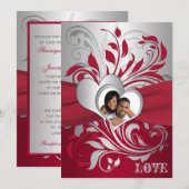 Rood, zilveren schuifbalken, hartfoto's uitnodigen kaart (Voorkant / Achterkant)