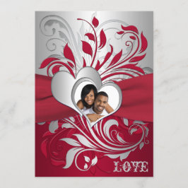 Rood, zilveren schuifbalken, hartfoto's uitnodigen kaart